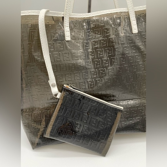 Rare Vintage Clear Black Zucca FF PVC Shopper Tote with Pouch - Picture 4 of 16